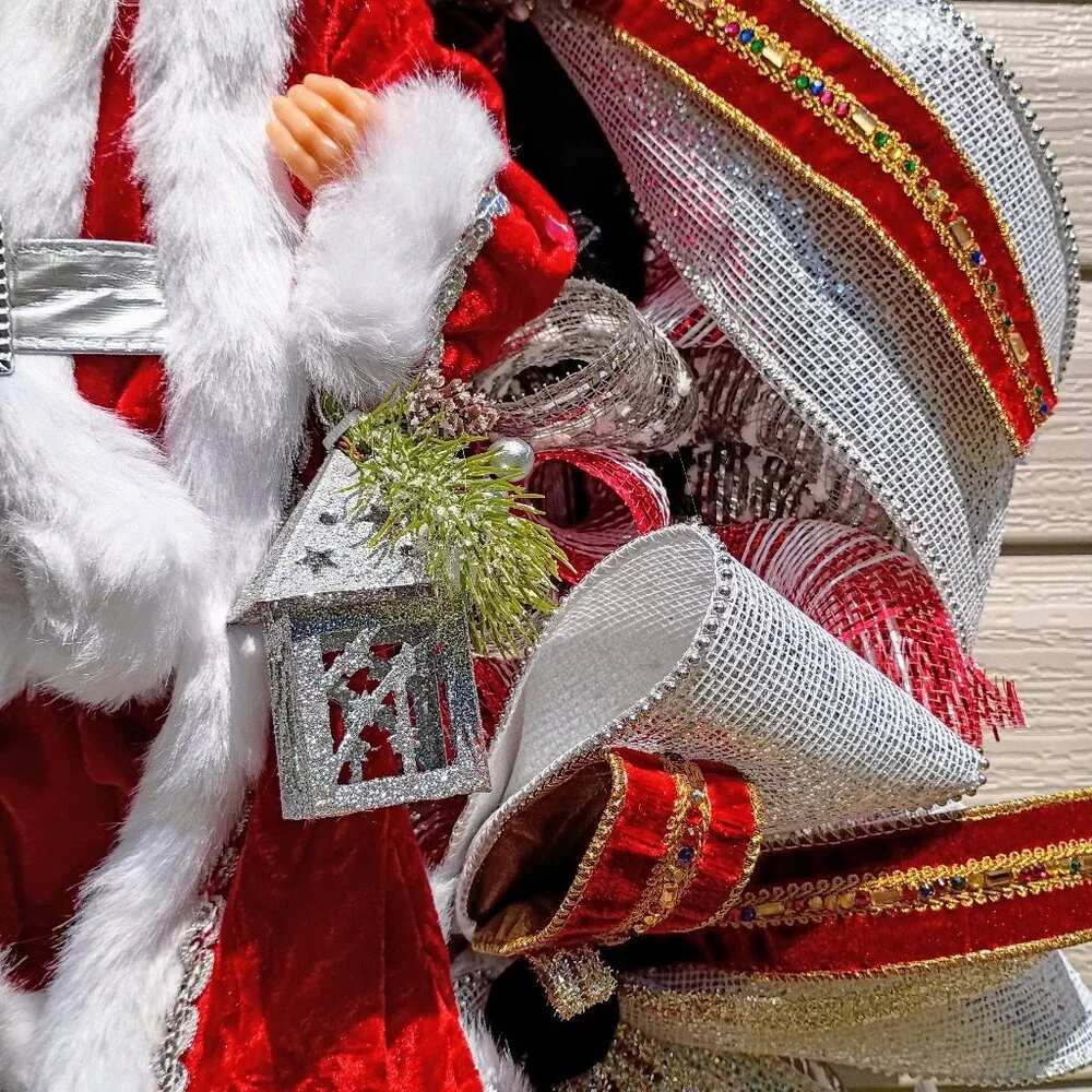 Santa Christmas Wreath, Deluxe Christmas Wreath, Silver Red Mesh Wreath